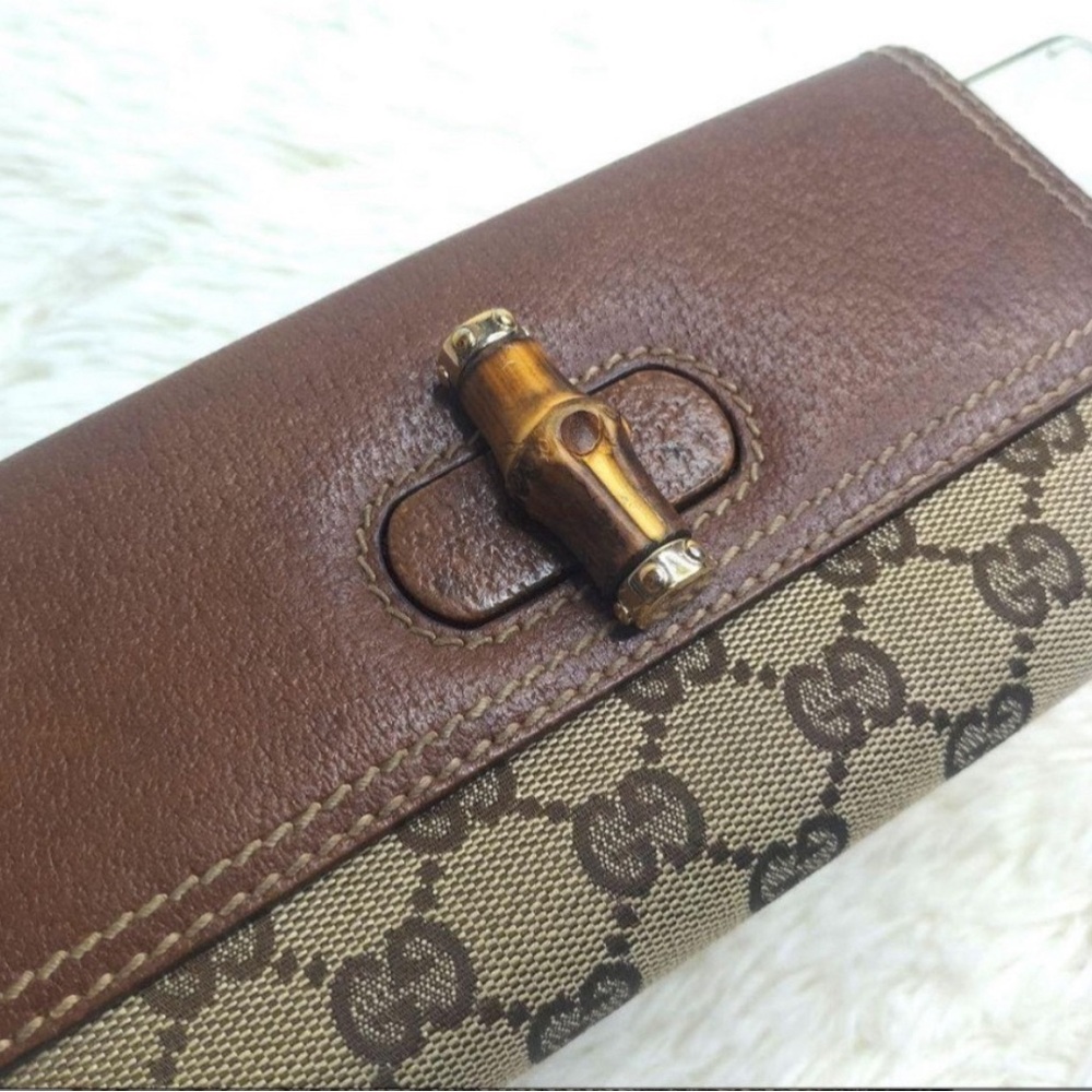 GUCCI Leather Long Continental Wallet, GG Canvas Bambo Interlocking Turnlock EUC - Picture 11 of 15